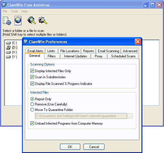 ClamWin anti-virus running on Windows XP