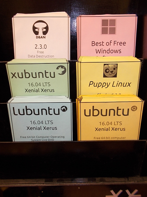 Free Linux DVDs in the rack at the NCF office.