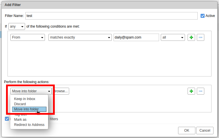 note: in this example our filter will automatically put emails sent from **daily@spam.com** to our junk folder, instead of arriving to our inbox. If you'd instead like for them to be sent to your trash right away, select **"Discard"** instead.