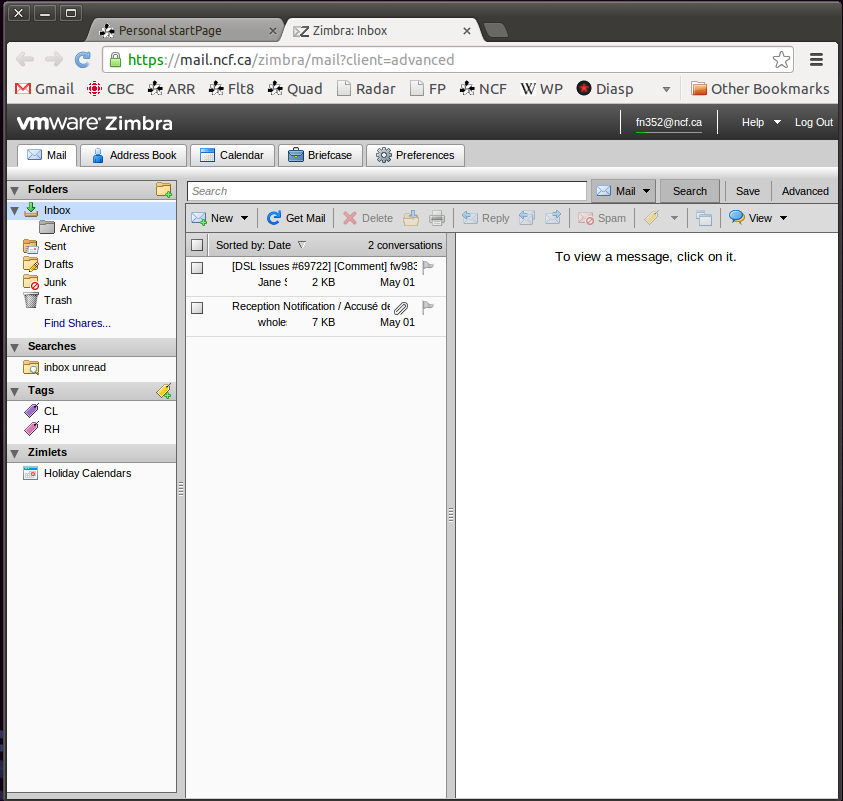 The Google Chrome 26 standards compliant browser showing NCF's Zimbra webmail