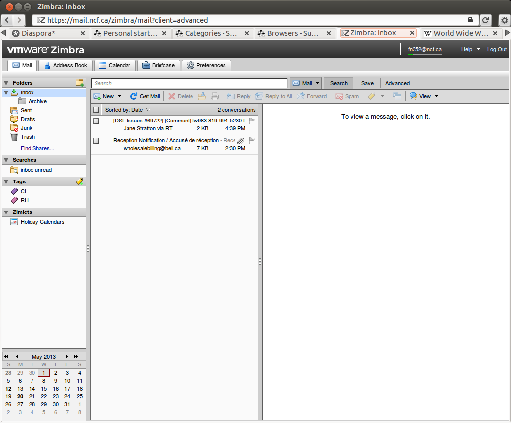 The Gnome Epiphany 3.4.1 standards compliant browser showing NCF's Zimbra webmail