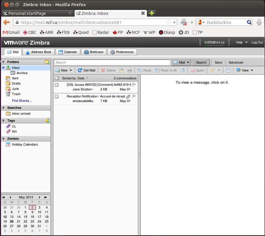 The Mozilla Firefox 20.0 standards compliant browser showing NCF's Zimbra webmail