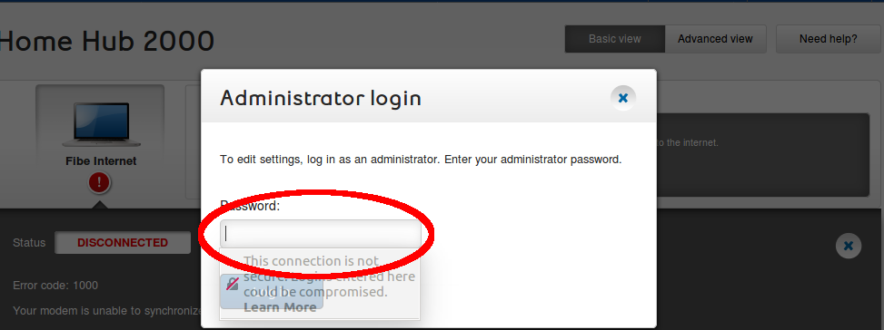 Bell Home Hub 2000 admin login prompt