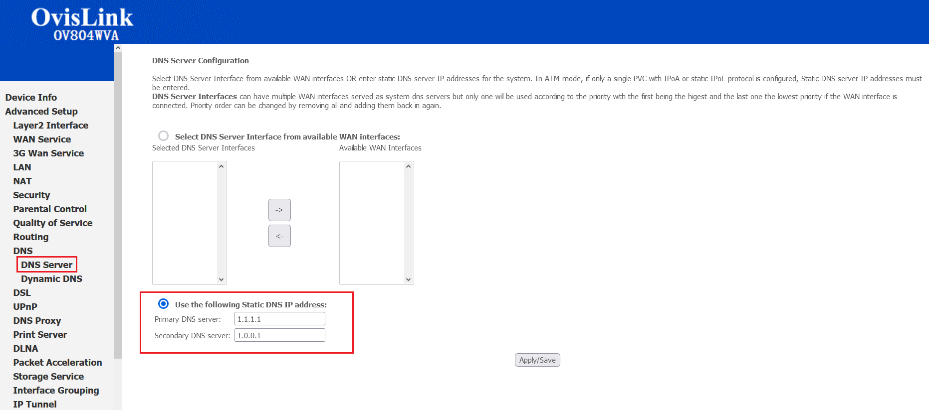 Ovislink DNS menu