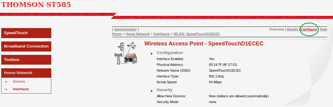 Speedtouch ST585 WiFi Configuration Selection