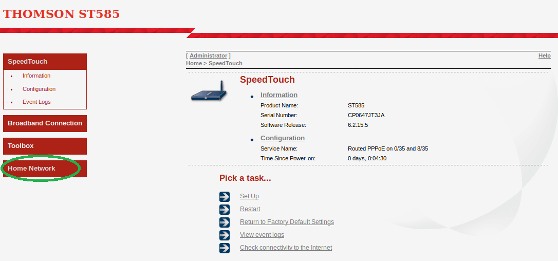 Speedtouch ST585 Home Network Selection