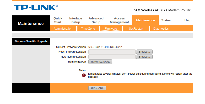 Firmware upgrade on a TP-Link 8901G modem (the 8816 and 8951ND firmware upgrade pages are identical)