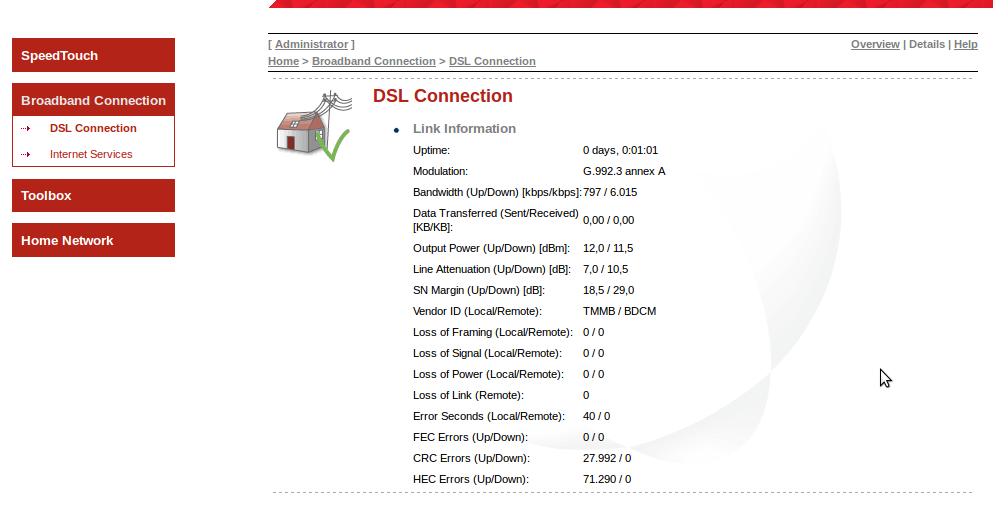 Line stats displayed on a SpeedTouch 585v6 modem interface (Speedtouch 516v6 is similar)