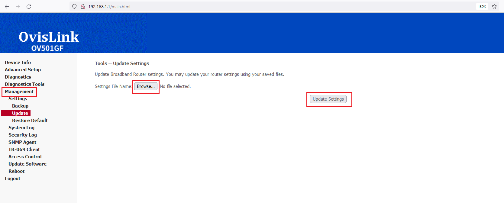 Ovislink OV501GF Update Settings