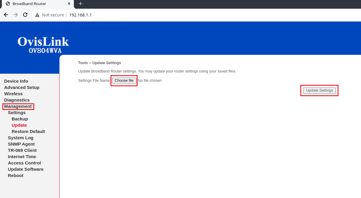 Ovislink OV804WVA Update Settings