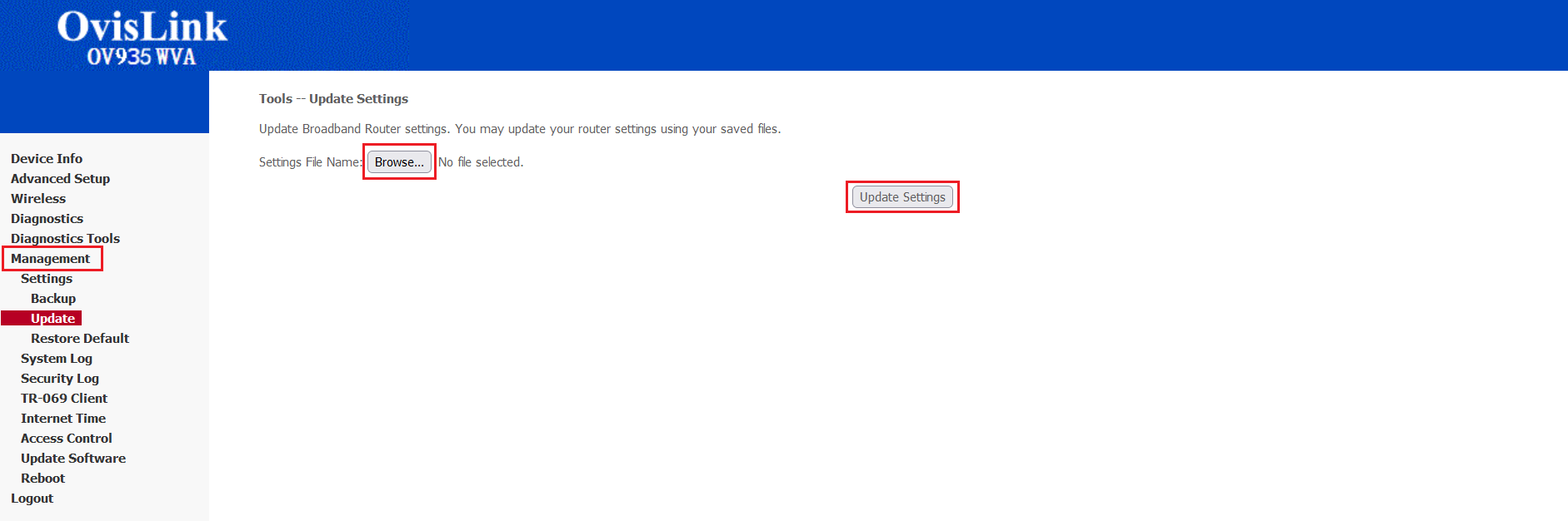 Ovislink OV935WVA Update Settings