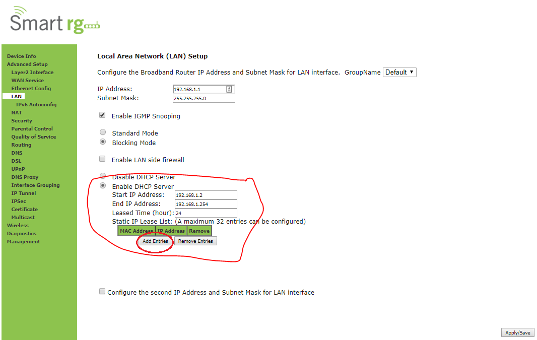 DHCP Server Space under LAN