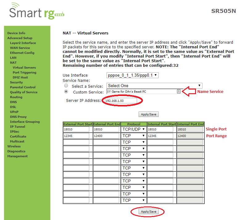 Specifying details of Port Forward Rule