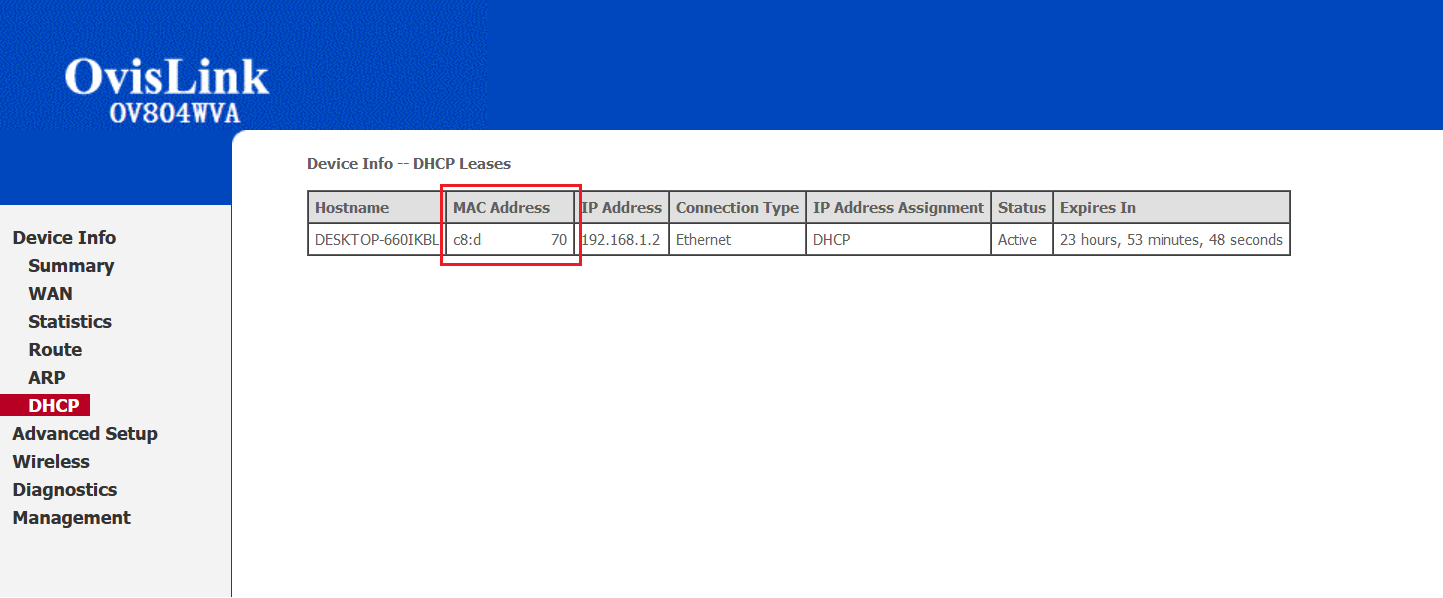 OvisLink OV804WVA DHCP list from Device Info Page