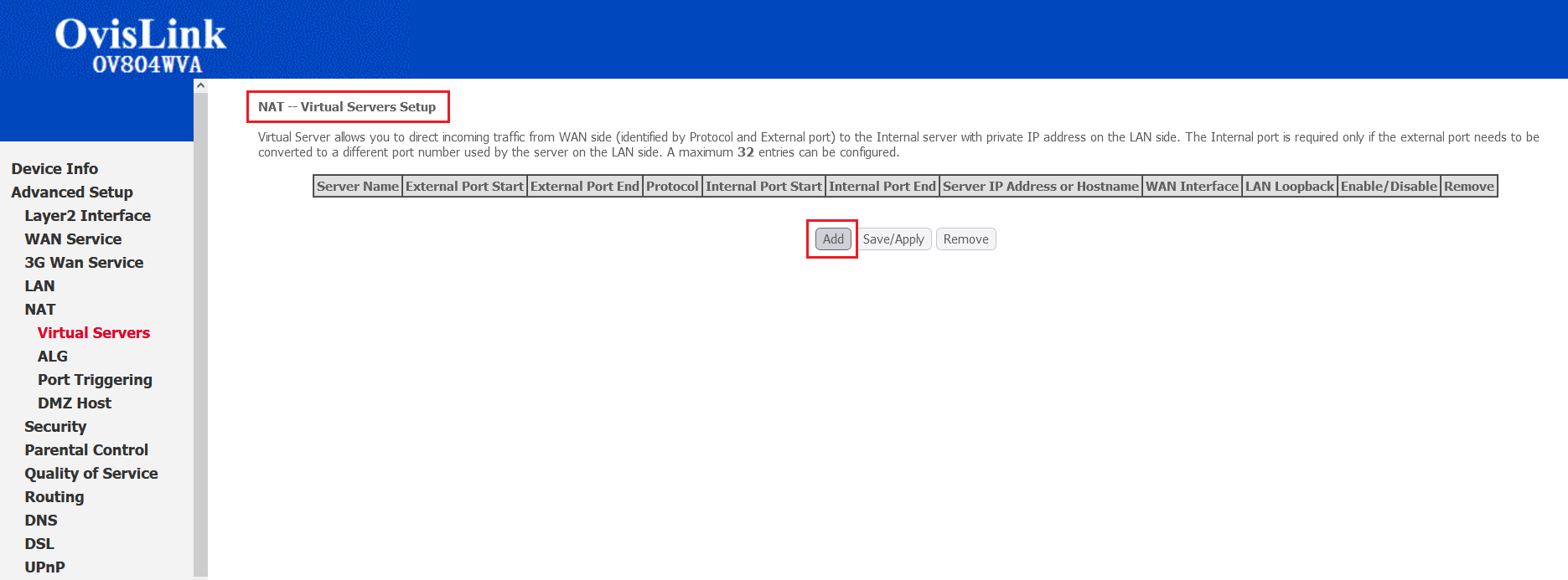Starting a Virtual Server Setup OvisLink OV804