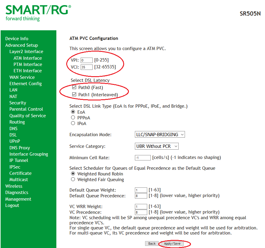 SR505n Configure ATM interface