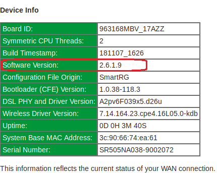 SmartRG SR505n Firmware version check on Device Info Page