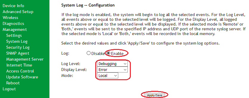 SR505n- System Log Configuration