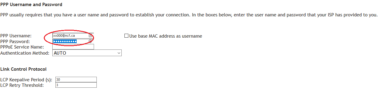 SR505n- Enter PPPoE/DSL credentials for WAN-ADSL