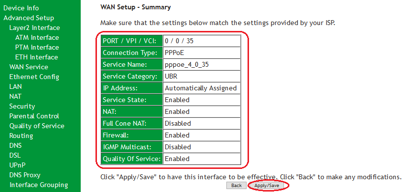 SR505n- Summary Settings for WAN-ADSL