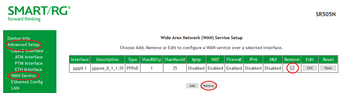 Remove SR505n Default WAN Service
