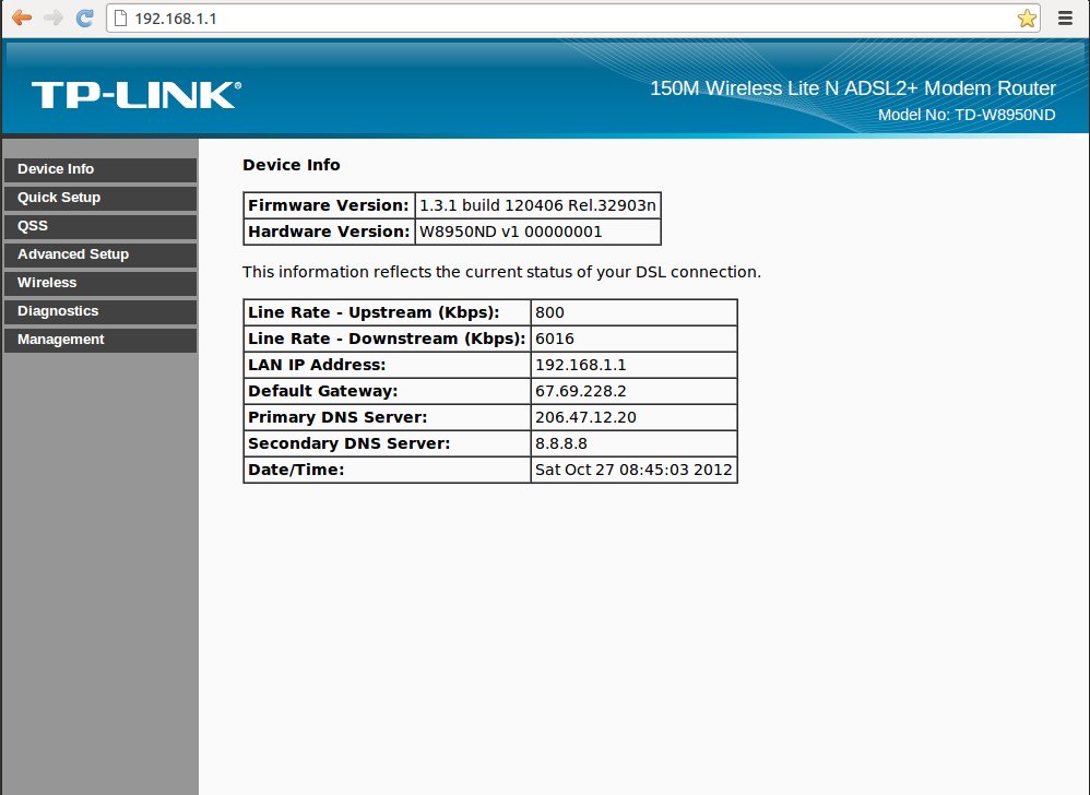 The main interface page of the TP-Link TD-W8950ND modem|577x577px