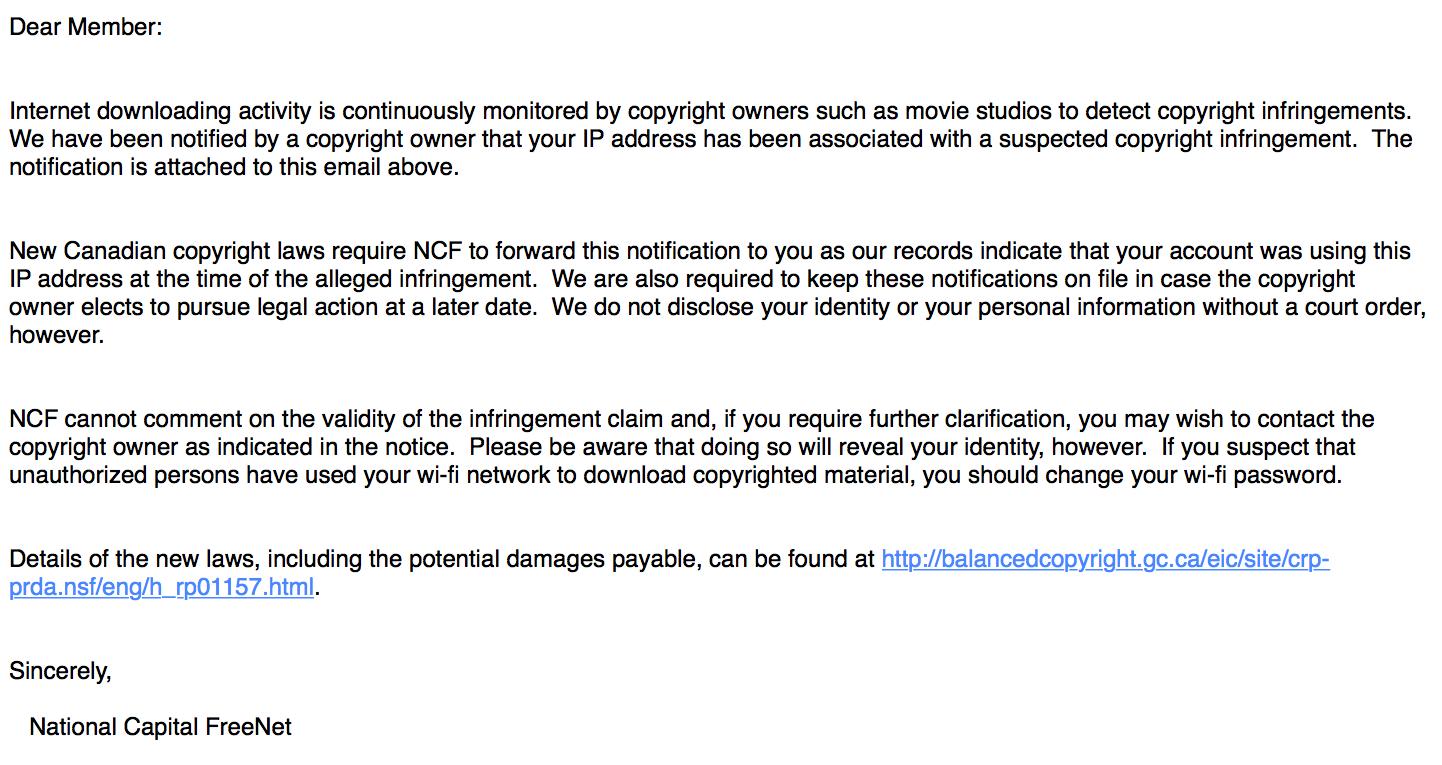 A sample NCF letter to accompany an infringement notice