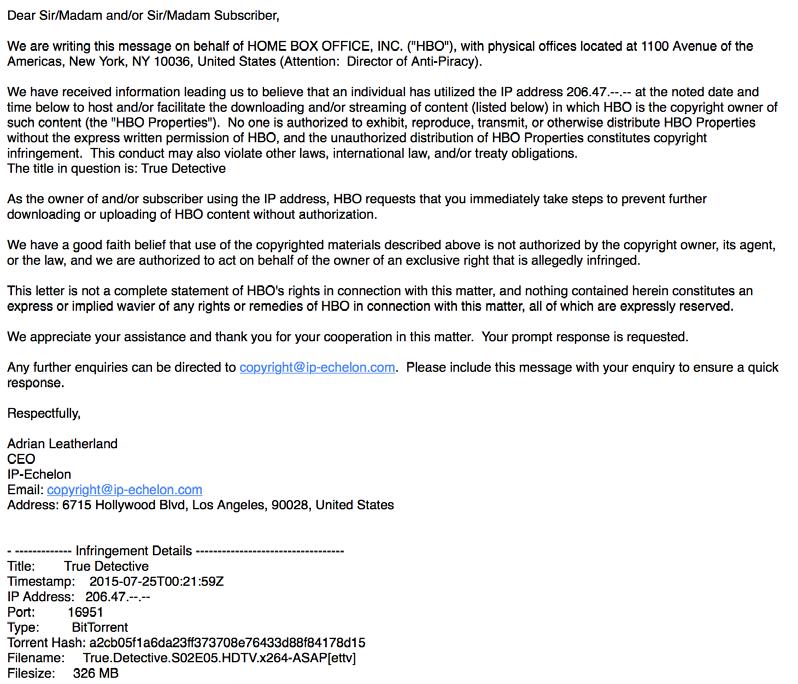 A sample infringement notice