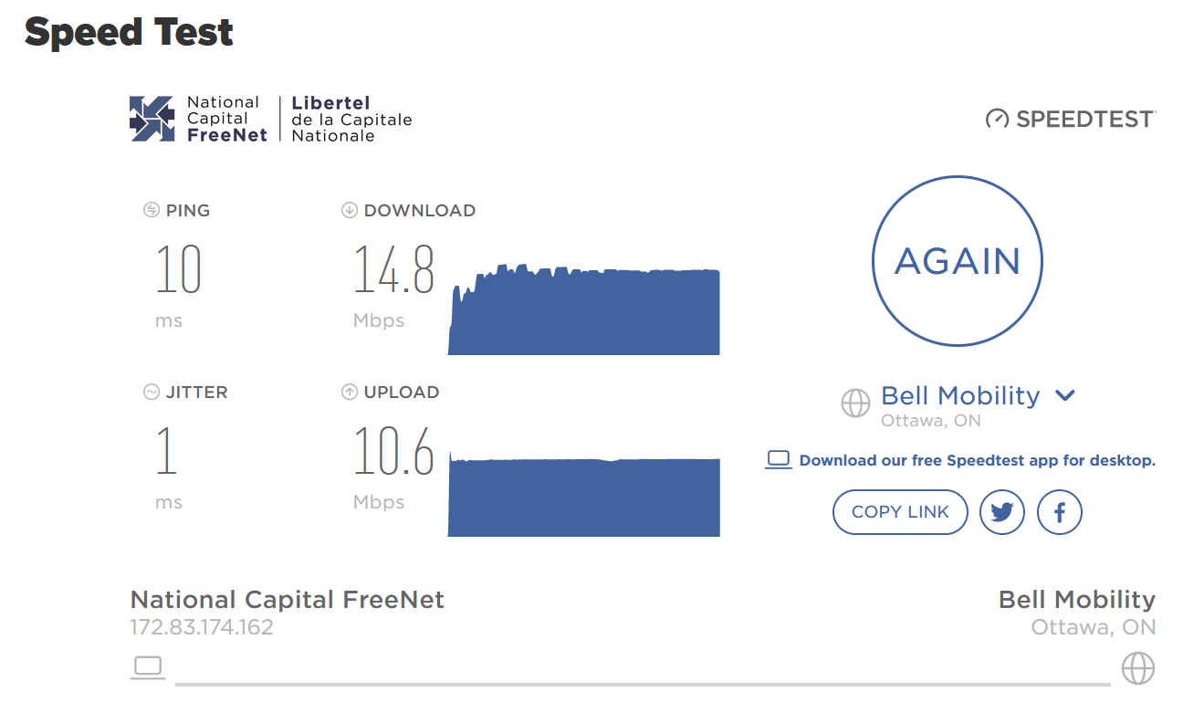 A speed test result from speedtest.ncf.ca