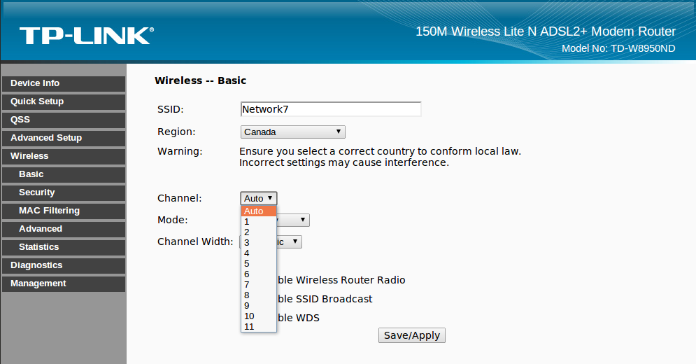 How to change the wireless channel on a TP-Link 8950ND
