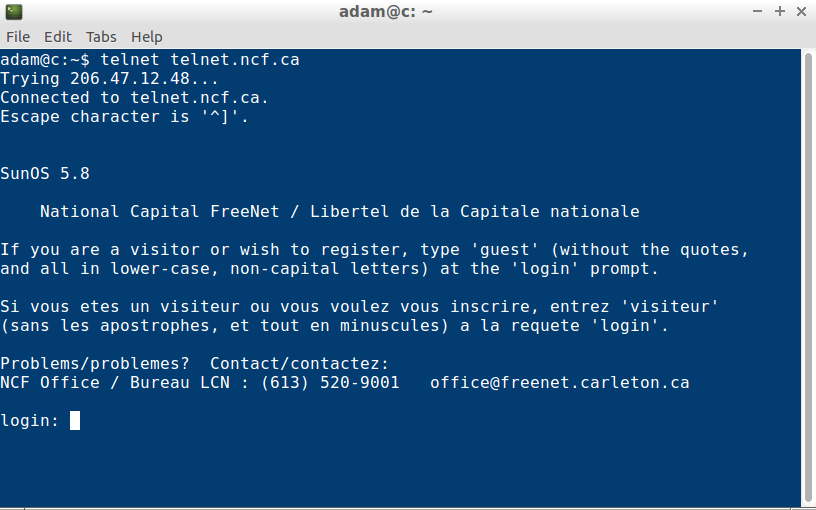 Telnet into NCF's FreePort. Note that the phone number given is out of date!