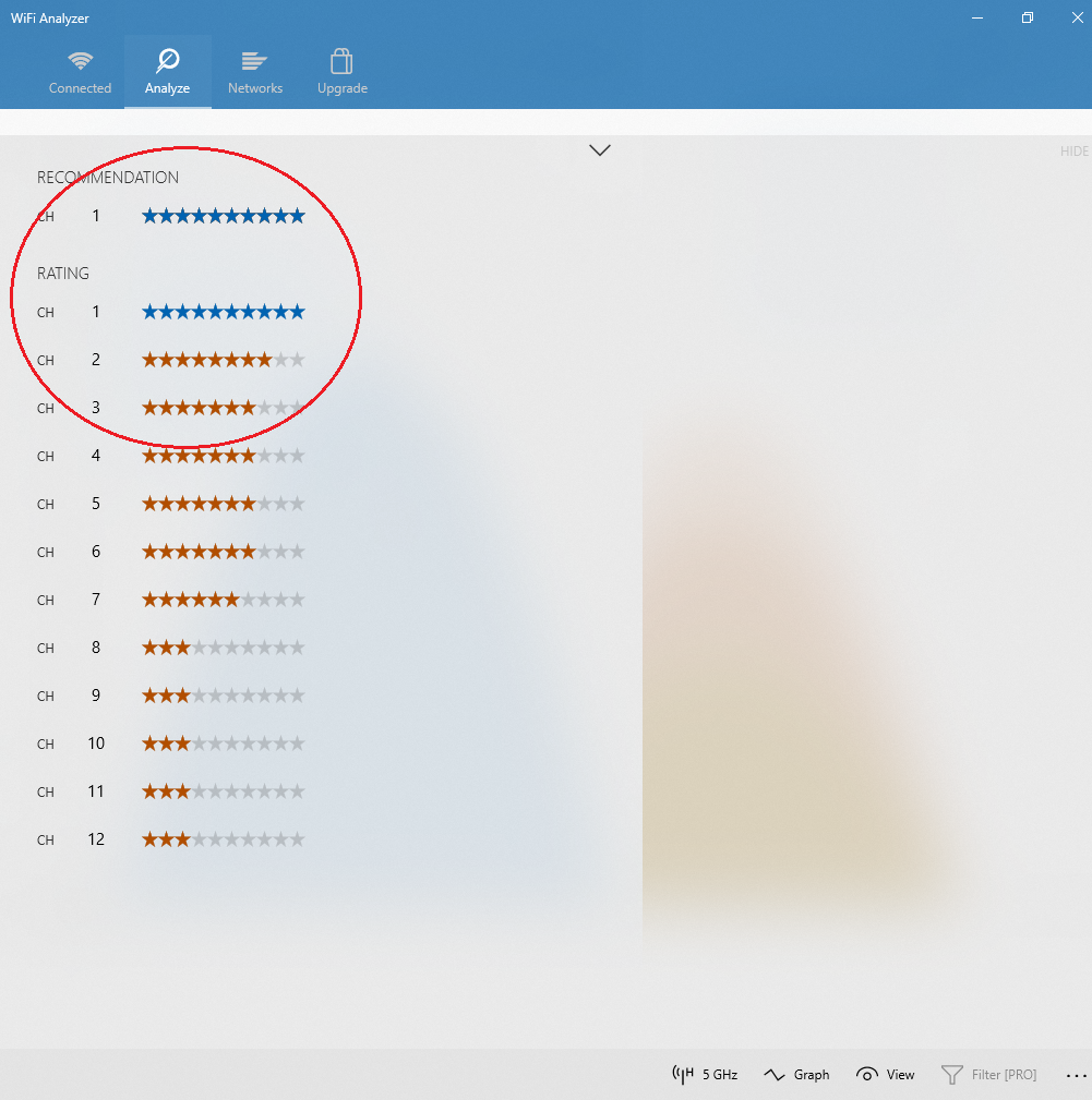 Windows10 Wifi Analyzer - Viewing Channel Recommendations