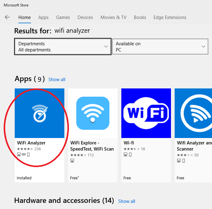 Windows10 Wifi Analyzer - Selecting WiFi Analyzer