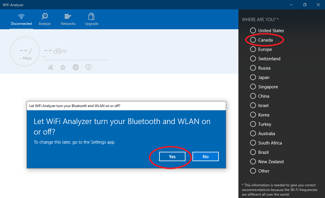 Windows10 Wifi Analyzer - Giving Bluetooth and WLAN permission and setting country