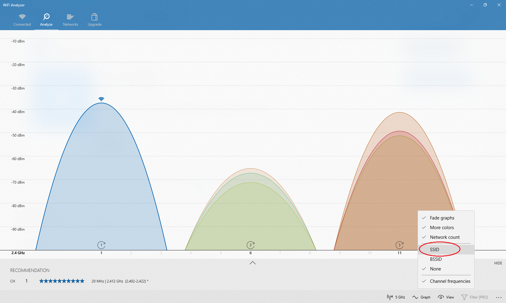 Windows10 Wifi Analyzer - Turning on SSIDs on Analyze Tab